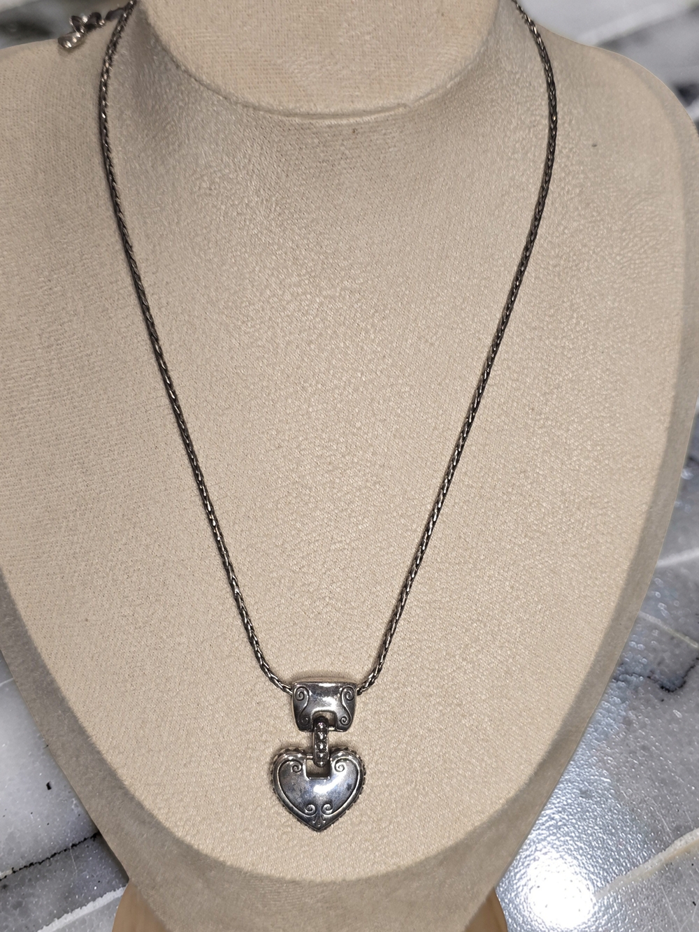 Vintage Brighton Scroll Etched Heart Necklace Silver Plated